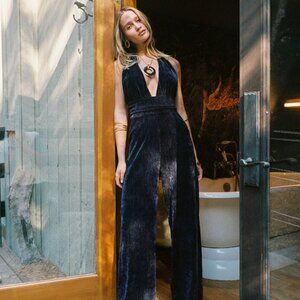 12th Tribe Limelight Midnight Velvet Halter Jumpsuit Size LL